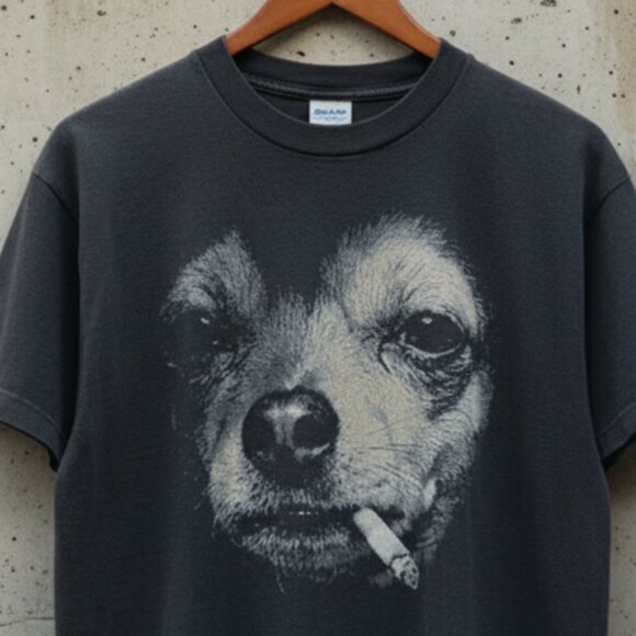 Vintage 90s Chihuahua Smoking Cigarette Faded Black Funny Graphic Tee - Picture 3 of 5